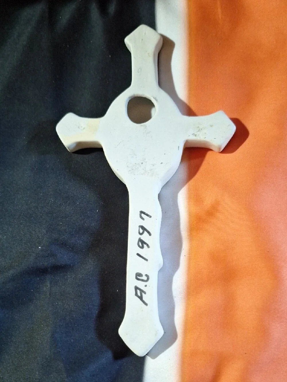 Vintage White Ceramic Crucifix Wall Cross with Subtle Green Accents